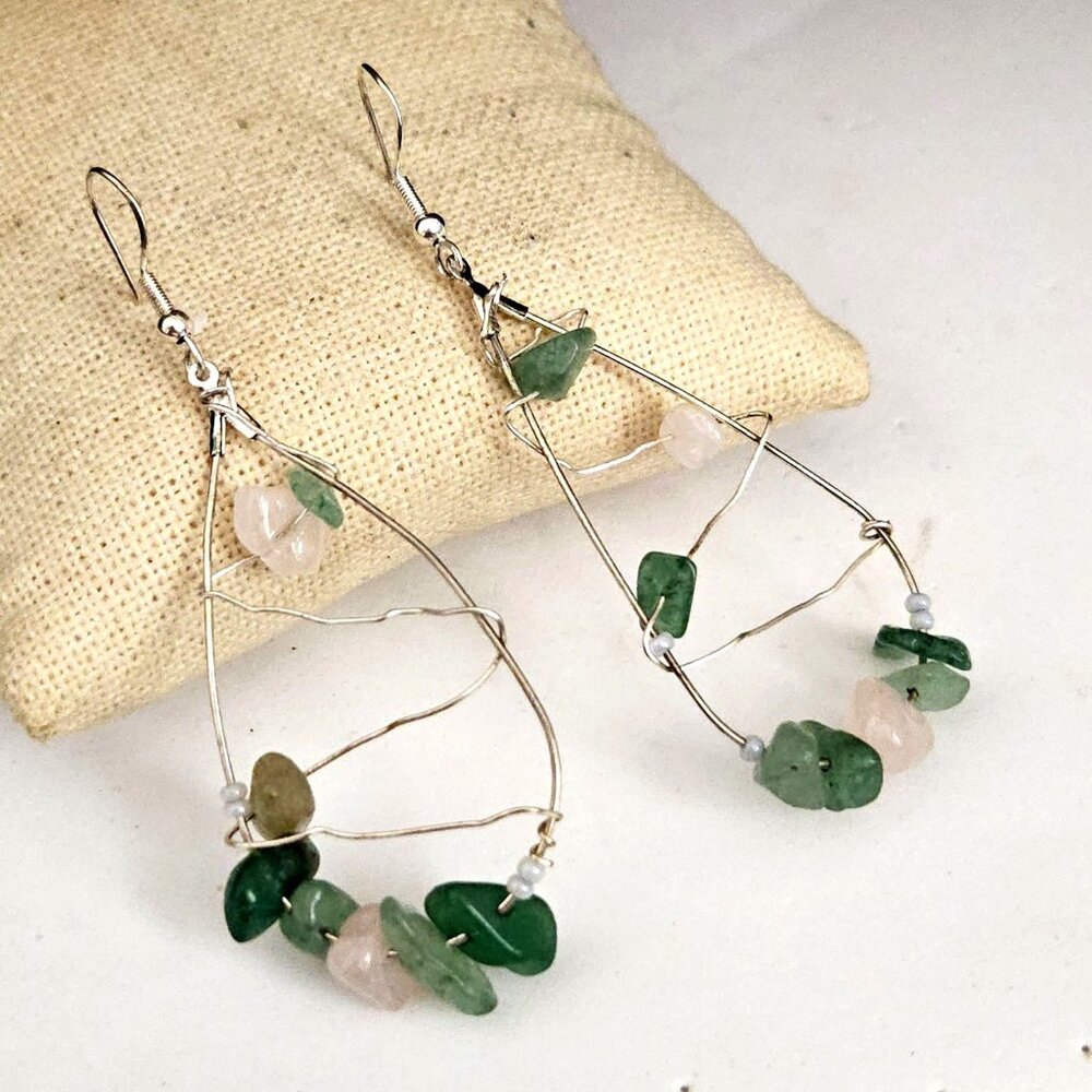 Green and Pink Gemstone Teardrop Wire Earrings